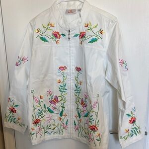 Quacker Factory White Floral Embroidered Jacket Oversized L